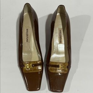 Beltrami Brown Patent Leather Square-Toe Loafers with Gold Logo